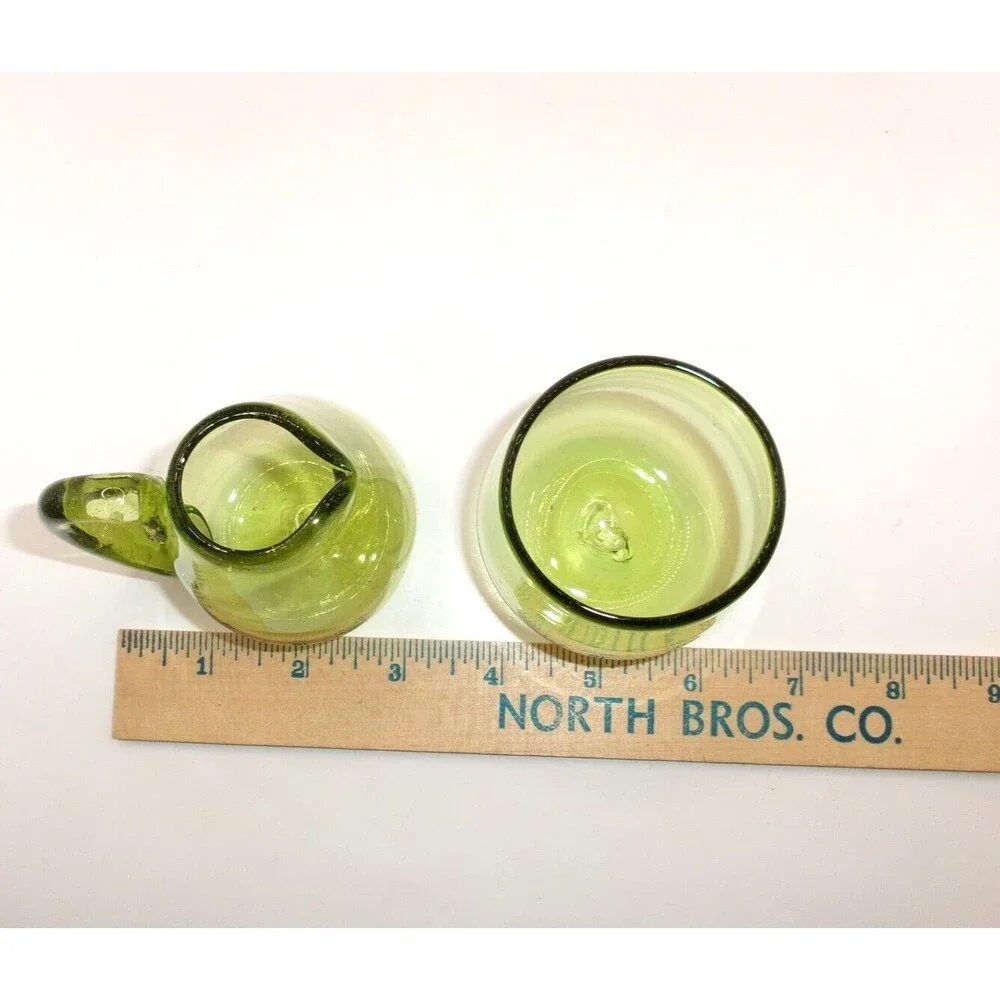 Vtg Green Glass Creamer & Open Sugar Jar Applied Handle Blown Glass Pontil 3 in
